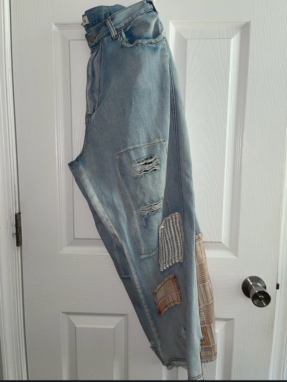 POL Light Blue Distressed Patchwork Relaxed Jeans